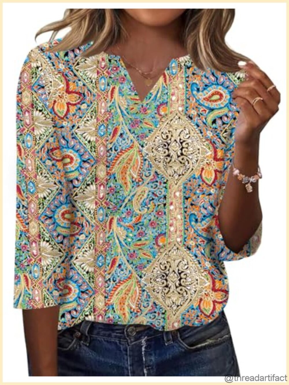 Womens 3/4 Sleeve V Neck Business Casual Blouse Summer Tee
